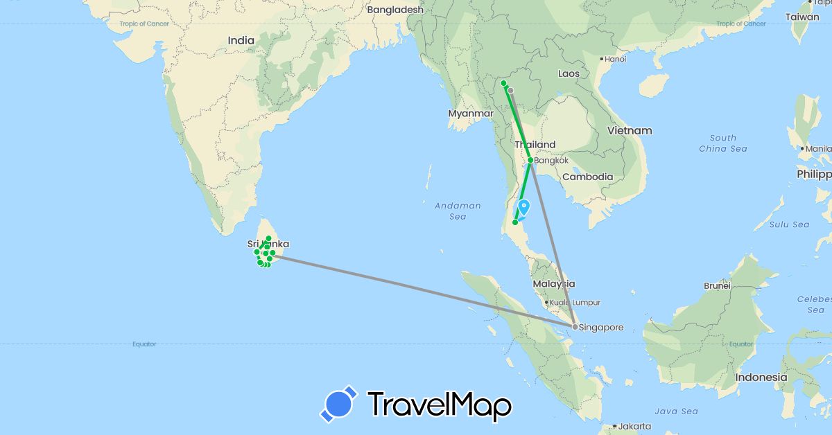 TravelMap itinerary: bus, plane, boat in Sri Lanka, Singapore, Thailand (Asia)
